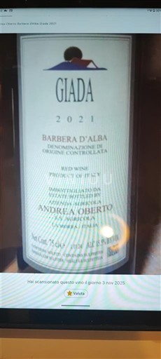 Vinos Rouge sec Giada Andrea Oberto 2021 Italia Piamonte Barbera d'Alba DOC