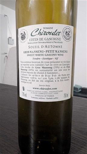 Zuidwest-Frankrijk Côtes de Gascogne Domaine Chiroulet Soleil d'Automne 2022