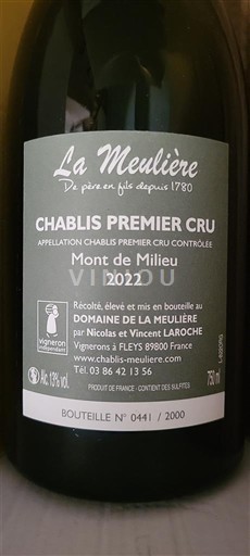 Borgonha Chablis Premier Cru Domaine La Meulière Mont de Milieu 2022