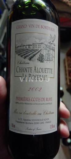 Bordeaux Blaye-Côtes-de-Bordeaux Château Chante Alouette La Roseraie 2002