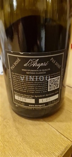 Vin Effervescent Blanc brut-nature Pas Dosé Araprì 2020 Italie Pouilles San Severo DOC