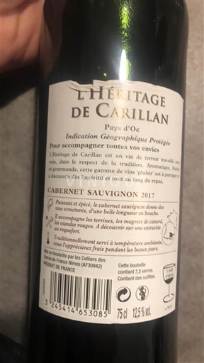 Languedoc y Rosellón País de Oc L'Héritage de Carillan Cabernet Sauvignon 2017