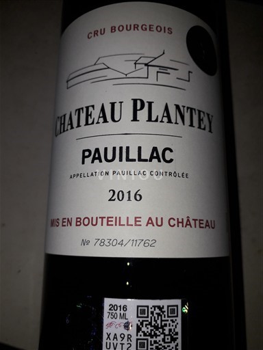 Bordeaux Pauillac CRU BOURGEOIS Château Plantey - SCE Ch. Plantey, 226, Plantier, Artigues 33250 Pauillac, France Château Plantey 2016