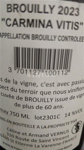Beaujolais Brouilly Céline et Armand Vernus Carmina Vitis 2023