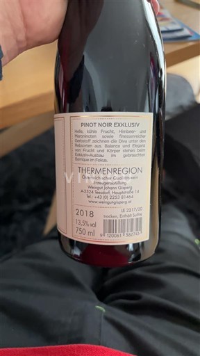 Viner Rouge sec Pinot Noir Exklusiv Weingut Johanneshof Reinisch 2018 Österrike Niederösterreich Thermenregionen