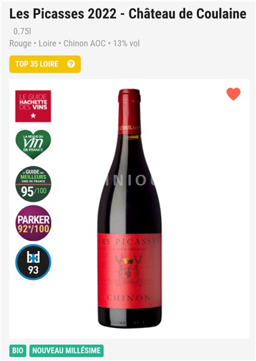 Vin Rouge sec Les Picasses Château Coulaine 2022 France Vallée de la Loire Chinon AOC