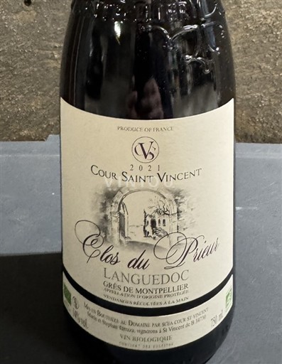 Vinhos Rouge sec Clos du Prieur Cour Saint Vincent 2021 França Languedoque Grés de Montpellier AOC