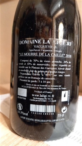 Rhône-dalen Vacqueyras Domaine La Ligière Le Mourre de la Caille 2018