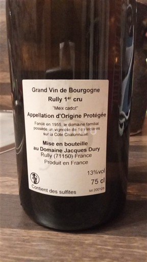 Borgonha Rully Premier Cru Domaine Jacques Dury Meix Cadot Não Sazonado