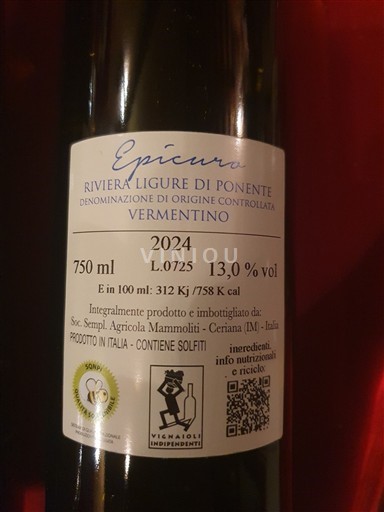 Ligurian maakunta Ponente Ligurian Riviera Mammoliti Vermentino 2024