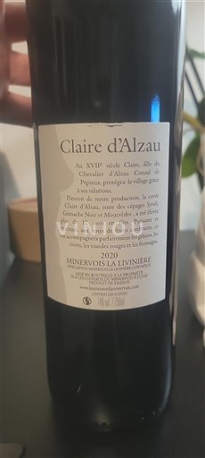 Vinhos Rouge sec Claire d'Alzau 2020 França Languedoque Minervois-la-Livinière AOC