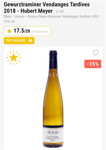 Rượu vang Blanc moelleux Gewurztraminer Vendanges Tardives Hubert Meyer 2018 Pháp Alsace Gewurztraminer AOC Vendanges Tardives