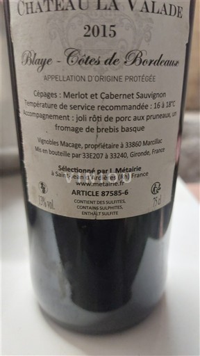 Bordeaux Blaye-côtes-de-bordeaux Domaine La Valade 2015