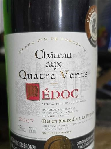 Bordeaux Médoc Château Aux Quatre Vents 2007