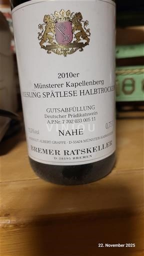 Nahe Bremer Ratskeller Münsterer Kapellenberg Riesling Spätlese Halbtrocken 2010