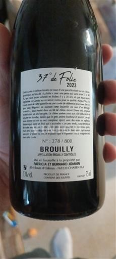 Beaujolais Brouilly Mis en bouteille à la propriété par Patricia et Bernard Duman 37° de Folie 2023