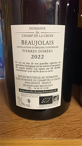 Beaujolais Domaine Champ de la Croix Pierres Dorées 2022