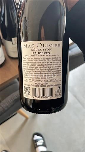 Vin Rouge sec Sélection Mas Olivier Non millésimé France Languedoc Faugères AOC