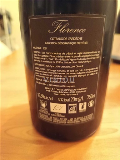 Alpes và các vùng Rhodanien Coteaux de l'Ardèche Domaine La Selve Florence 2021