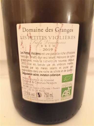 Vallée de la Loire Vendée Domaine Des Granges Les Petites Viollières 2019