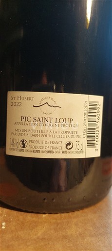 Wijnen Rouge sec St Hubert Le Cellier du Pic 2022 Frankrijk Languedoc Pic Saint-Loup AOC
