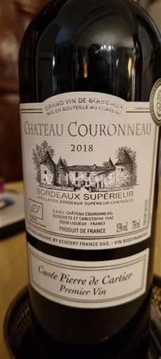 Vini Rouge sec Cuvée Pierre de Cartier Premier Vin Château Couronneau 2018 Francia Bordeaux Bordeaux superiore AOC