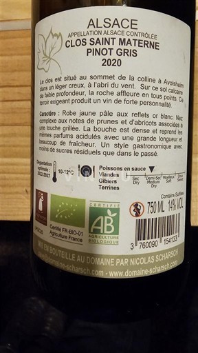 Alsace Domaine Nicolas Scharsch Clos Saint Materne 2020