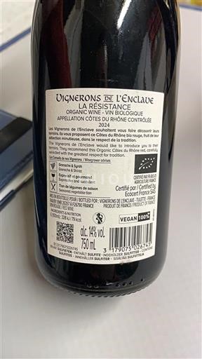 Vallée du Rhône Côtes-du-rhône Vignerons de l'Enclave La Résistance 2024
