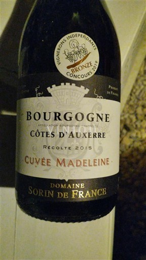 Burgundy Burgundy Côtes d'Auxerre Domaine Sorin de France Madeleine 2015