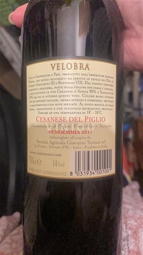 Lazio Cesanese del Piglio Società Agricola Giovanni Terenzi Velobra 2017