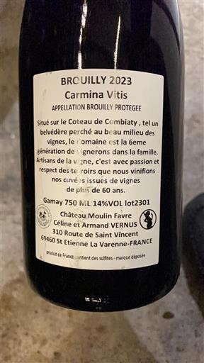 Beaujolais Brouilly Château Moulin Favre Carmina Vitis 2023