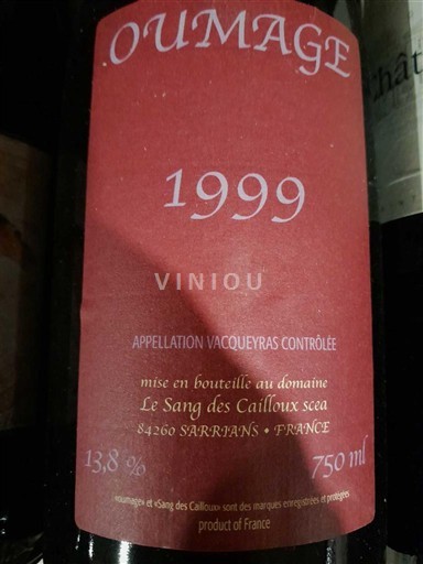Rhônedalen Vacqueyras Le Sang des Cailloux Oumage 1999