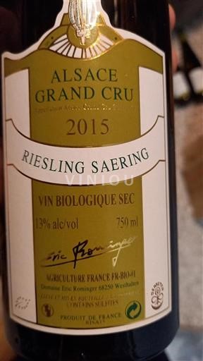 Viinit Blanc sec Riesling Saering Domaine Eric Rominger 2015 Ranska Alsace Määrittelemätön AOC Grand Cru