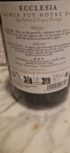 Vinos Rouge sec Ecclesia 2023 Francia Valle del Loira Saumur Puy-Notre-Dame AOC