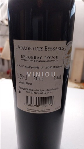 Wijnen Rouge sec L'Adagio des Eyssards 2015 Frankrijk Zuidwest-Frankrijk Niet gespecificeerd IGP