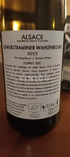 Elsass Paul Ginglinger Gewurztraminer Wahlenbourg Esprit Sec 2022