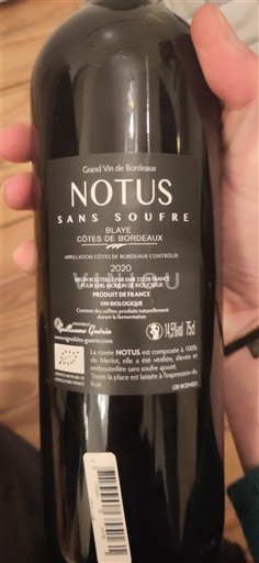 Burdeos Blaye-Côtes de Burdeos Vignobles Gabriel Notus Sans Soufre 2020