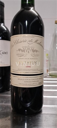 Rượu vang Rouge sec La Closerie de Malescasse 1998 Pháp Bordeaux Haut-Médoc AOC