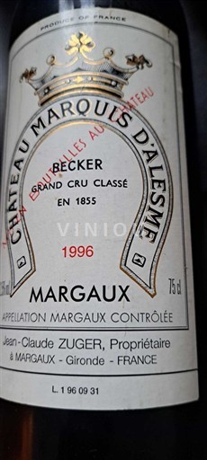 Bordeaux Margaux Grand Cru Classé Château Marquis d'Alesme 1996