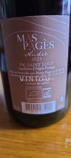 Vin Rouge sec André Mas Pagès 2023 France Languedoc Pic-saint-loup AOC
