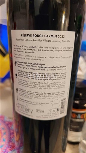 Roussillon Ni doloceno Cave de Caramany Réserve Rouge Carmin 2023
