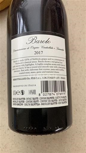 Vinos Rouge sec FDB S.R.L. Cocconato 2017 Italia Piamonte Barolo DOC