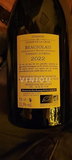 Beaujolais Domaine Champ de la Croix Pierres Dorées 2022