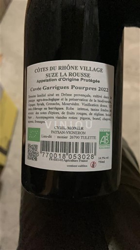 Víno Rouge sec Garrigues Pourpres Cyril Monier 2022 Francie Údolí Rhôny Côtes-du-Rhône AOC