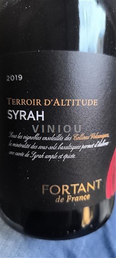 Languedoc a Roussillon Pays d'Oc Fortant de France Terroir d'Altitude Syrah 2019