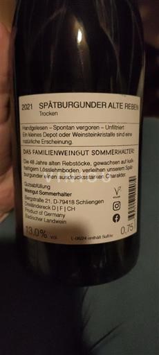 Baden Familienweingut Sommerhalter Spätburgunder Alte Reben 2021