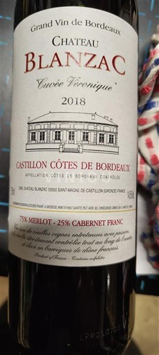 Bordéus Castillon-côtes-de-bordeaux Château Blanzac Véronique 2018