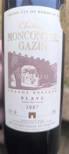 Bordéus Blaye Château Monconseil-Gazin Grande Réserve 2007