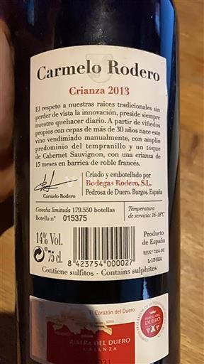 Castile and León Ribera del Duero Carmelo Rodero Crianza 2013