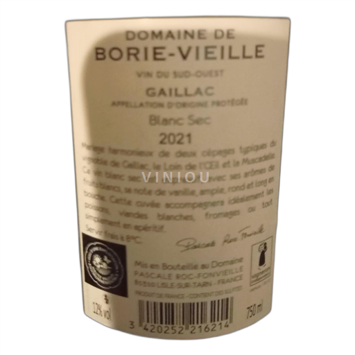 Lounais-Ranska Gaillac Borie-Vieille Blanc Sec 2021